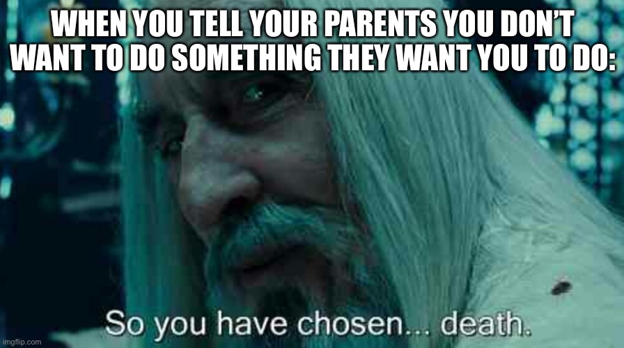 LOL | WHEN YOU TELL YOUR PARENTS YOU DON’T WANT TO DO SOMETHING THEY WANT YOU TO DO: | image tagged in so you have chosen death | made w/ Imgflip meme maker