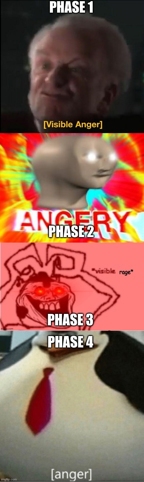 PHASE 1 PHASE 2 PHASE 3 PHASE 4 | image tagged in visible anger,surreal angery,trollge carlos visible rage,anger | made w/ Imgflip meme maker