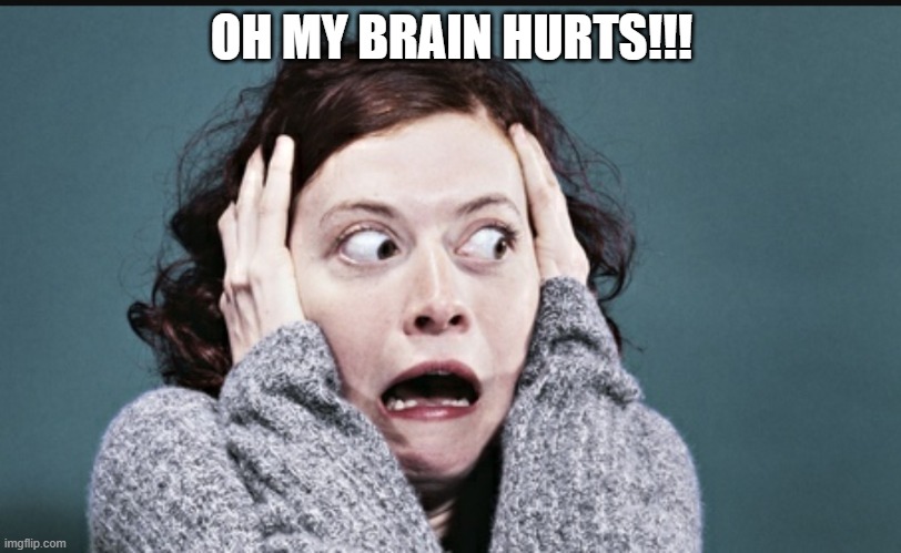 Frantic woman | OH MY BRAIN HURTS!!! | image tagged in frantic woman | made w/ Imgflip meme maker
