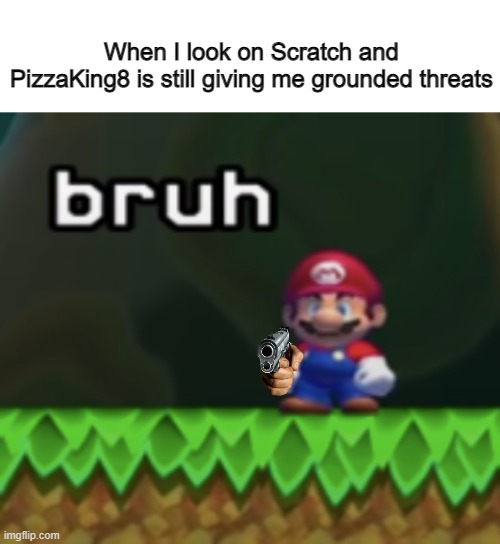 bruh | When I look on Scratch and
PizzaKing8 is still giving me grounded threats | image tagged in blank white template,mario bruh,gun | made w/ Imgflip meme maker