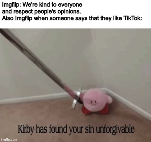 Why are people like this? |  Imgflip: We're kind to everyone and respect people's opinions.
Also Imgflip when someone says that they like TikTok: | image tagged in kirby has found your sin unforgivable,tiktok,opinion,imgflip,memes,funny because it's true | made w/ Imgflip meme maker