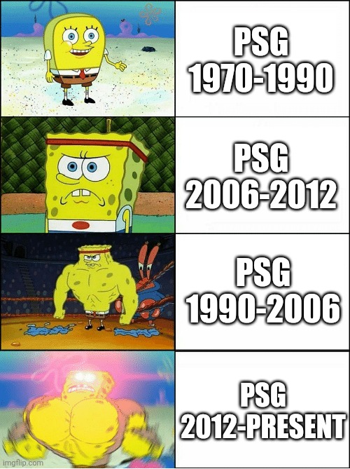 PSG rn | PSG 1970-1990; PSG 2006-2012; PSG 1990-2006; PSG 2012-PRESENT | image tagged in sponge finna commit muder,psg,football,memes | made w/ Imgflip meme maker