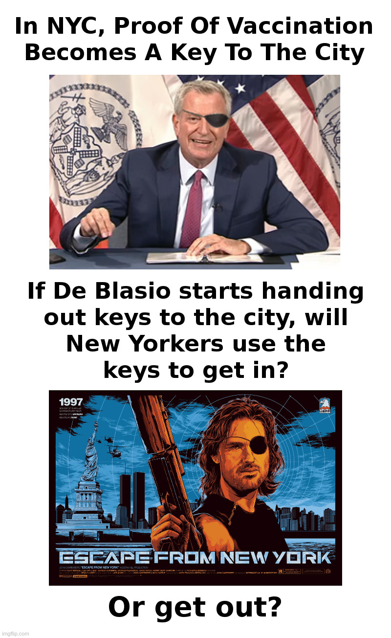In NYC, Proof Of Vaccination Becomes A Key To The City | image tagged in bill deblasio,covid,vaccines,lockdown,keys,escape from new york | made w/ Imgflip meme maker