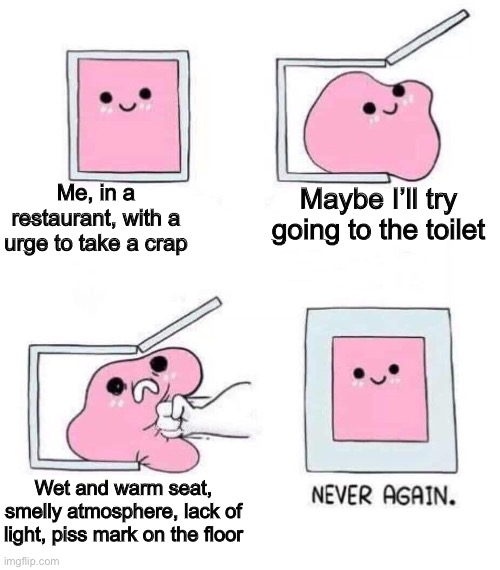 Guess I’ll shit my pants, especially if it’s Taco Bell | Me, in a restaurant, with a urge to take a crap; Maybe I’ll try going to the toilet; Wet and warm seat, smelly atmosphere, lack of light, piss mark on the floor | image tagged in never again,memes,relatable | made w/ Imgflip meme maker
