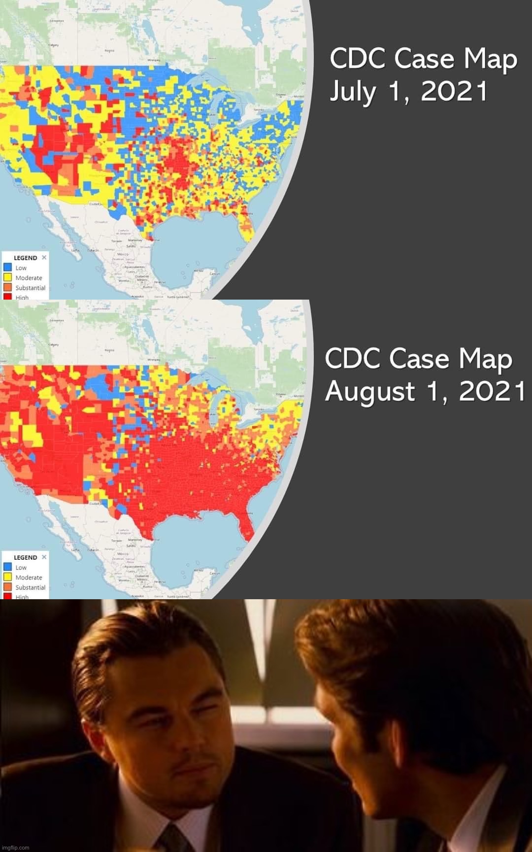 all of that in 1 month i dont believe it. why is the cdc lying 2 us again. | image tagged in covid-19 cdc case map july 2021,covid-19 cdc case map august 2021,memes,inception,cdc,cdc lies | made w/ Imgflip meme maker
