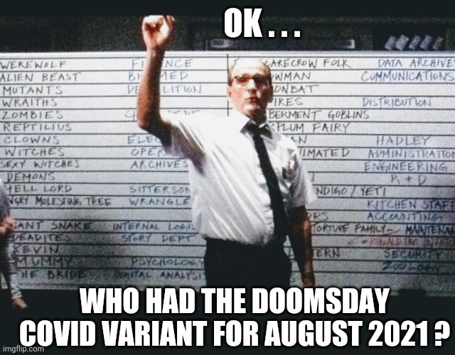 Live in Fear...again | OK . . . WHO HAD THE DOOMSDAY COVID VARIANT FOR AUGUST 2021 ? | image tagged in covid-19,vaccine,biden,fauci,cdc,democrats | made w/ Imgflip meme maker