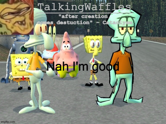 TalkingWaffles crap temp 2.0 | Nah I'm good | image tagged in talkingwaffles crap temp 2 0 | made w/ Imgflip meme maker