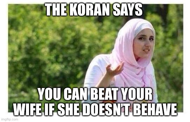 Confused Muslim Girl | THE KORAN SAYS; YOU CAN BEAT YOUR WIFE IF SHE DOESN’T BEHAVE | image tagged in confused muslim girl | made w/ Imgflip meme maker