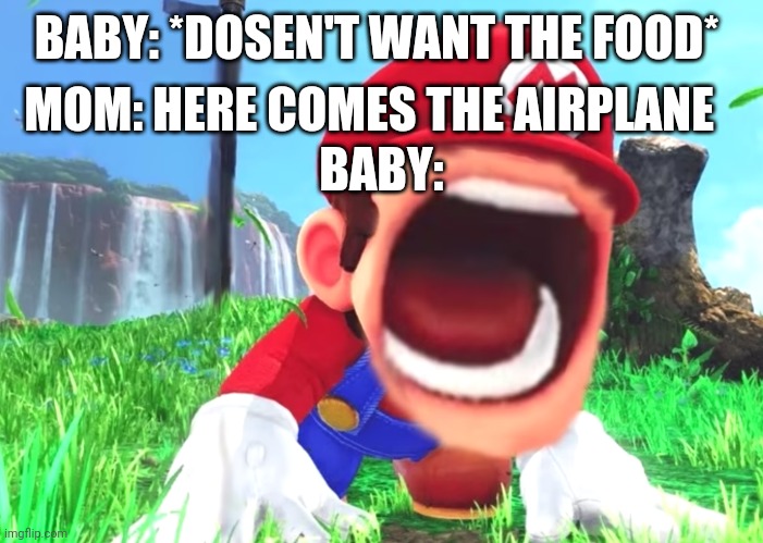 Mario screaming | MOM: HERE COMES THE AIRPLANE; BABY: *DOSEN'T WANT THE FOOD*; BABY: | image tagged in mario screaming | made w/ Imgflip meme maker