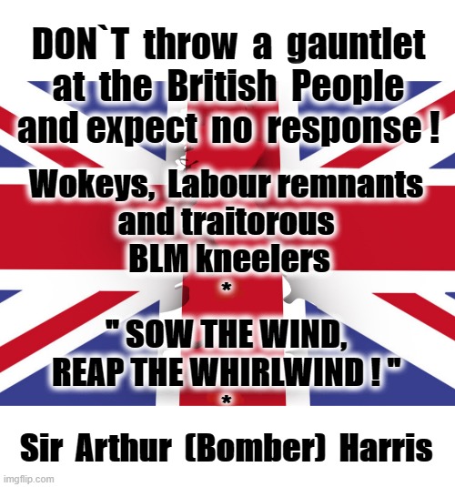 Sow the Wind - Reap the Whirlwind ! | DON`T  throw  a  gauntlet
at  the  British  People
and expect  no  response ! Wokeys,  Labour remnants
and traitorous
 BLM kneelers
*
" SOW THE WIND,
REAP THE WHIRLWIND ! "
*
Sir  Arthur  (Bomber)  Harris | image tagged in meme_bomb1 | made w/ Imgflip meme maker