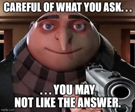 Gru Gun | CAREFUL OF WHAT YOU ASK. . . . . . YOU MAY NOT LIKE THE ANSWER. | image tagged in gru gun | made w/ Imgflip meme maker