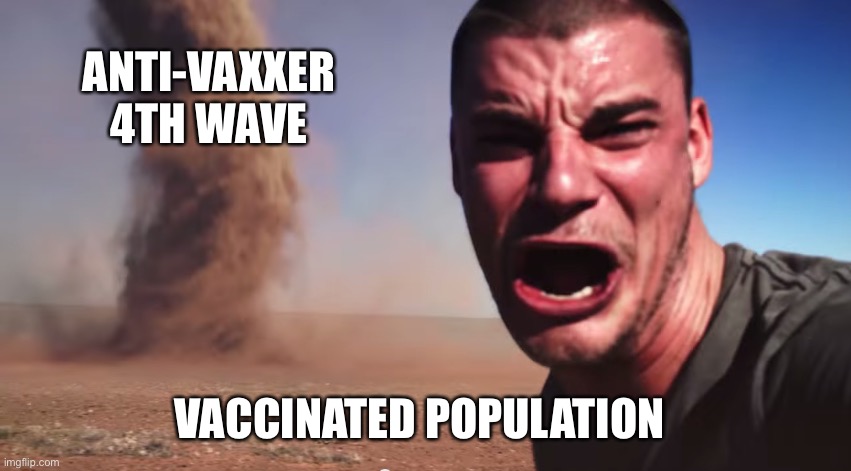 Here it comes | ANTI-VAXXER 4TH WAVE; VACCINATED POPULATION | image tagged in here it comes,covid | made w/ Imgflip meme maker