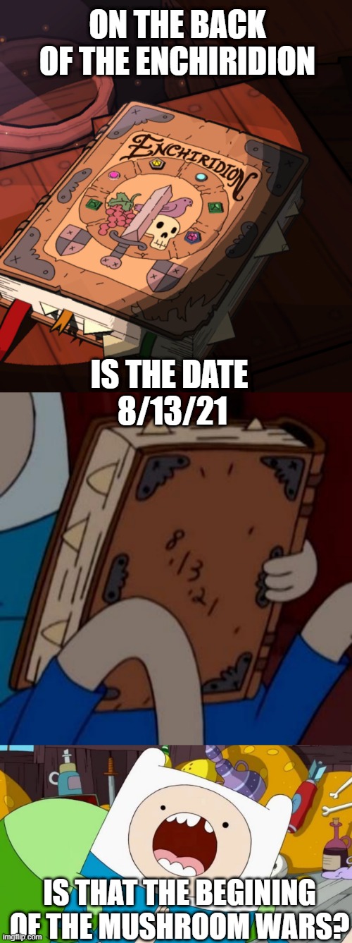 WE DONT HAVE MUCH TIME! | ON THE BACK OF THE ENCHIRIDION; IS THE DATE 
8/13/21; IS THAT THE BEGINING OF THE MUSHROOM WARS? | image tagged in adventure time,war,finn the human | made w/ Imgflip meme maker