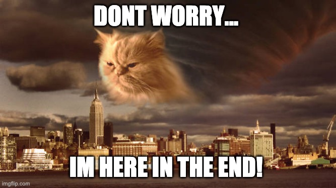 dont Worry | DONT WORRY... IM HERE IN THE END! | image tagged in end of the world cat,end of the world,cat god,god cat | made w/ Imgflip meme maker