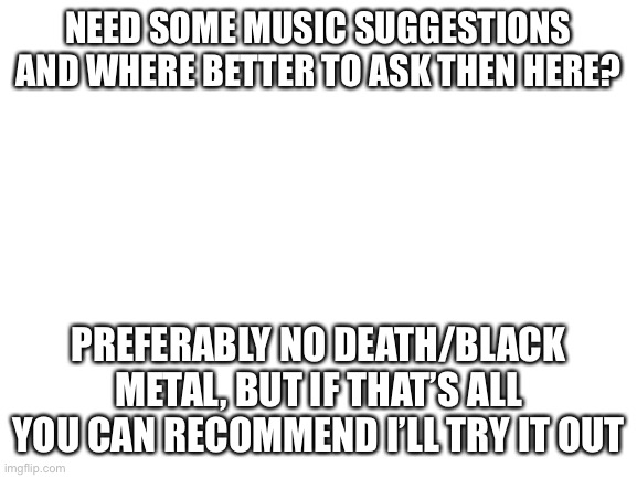 Need suggestions | NEED SOME MUSIC SUGGESTIONS AND WHERE BETTER TO ASK THEN HERE? PREFERABLY NO DEATH/BLACK METAL, BUT IF THAT’S ALL YOU CAN RECOMMEND I’LL TRY IT OUT | image tagged in blank white template | made w/ Imgflip meme maker