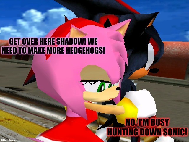 Amy needs love | GET OVER HERE SHADOW! WE NEED TO MAKE MORE HEDGEHOGS! NO. I'M BUSY HUNTING DOWN SONIC! | image tagged in sexy amy rose,shadow the hedgehog,sonic the hedgehog | made w/ Imgflip meme maker