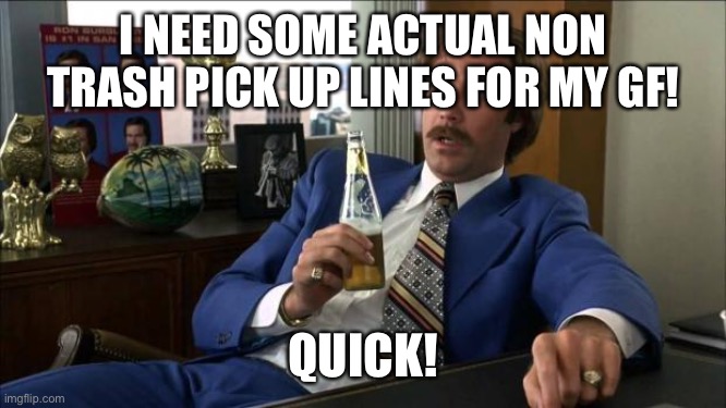 Ok | I NEED SOME ACTUAL NON TRASH PICK UP LINES FOR MY GF! QUICK! | image tagged in ron burgundy | made w/ Imgflip meme maker