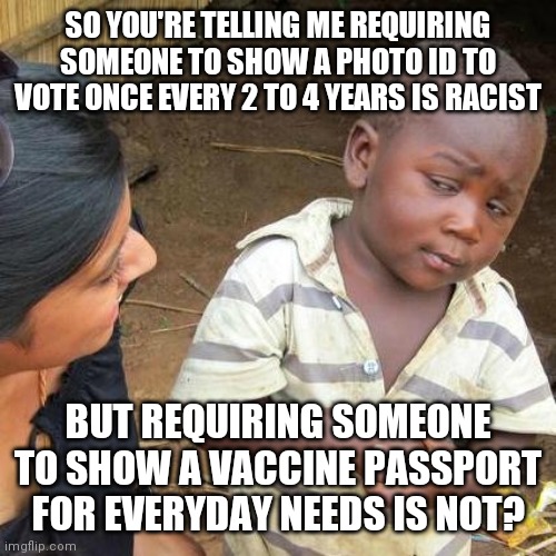 Makes sense to me | SO YOU'RE TELLING ME REQUIRING SOMEONE TO SHOW A PHOTO ID TO VOTE ONCE EVERY 2 TO 4 YEARS IS RACIST; BUT REQUIRING SOMEONE TO SHOW A VACCINE PASSPORT FOR EVERYDAY NEEDS IS NOT? | image tagged in memes,third world skeptical kid,democrats,biden,racist | made w/ Imgflip meme maker