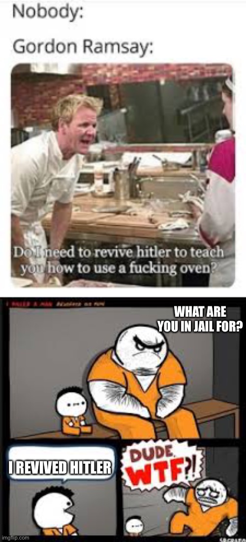 Gordon Ramsay revives | WHAT ARE YOU IN JAIL FOR? I REVIVED HITLER | image tagged in fun,meme,hitler,comics | made w/ Imgflip meme maker