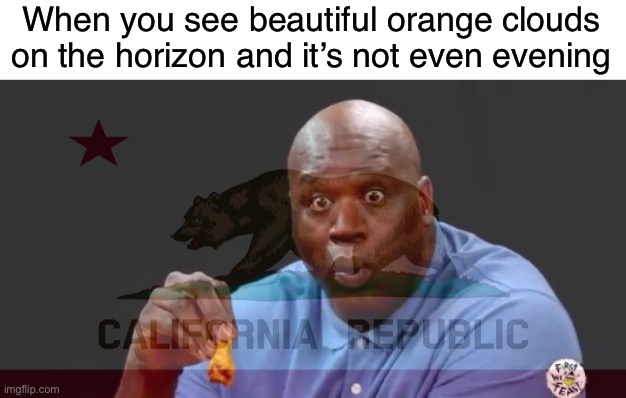 Feel the Bern am I right | When you see beautiful orange clouds on the horizon and it’s not even evening | image tagged in surprised shaq,funny,memes,wild fires,fire,california | made w/ Imgflip meme maker