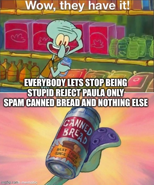 Wow | EVERYBODY LETS STOP BEING STUPID REJECT PAULA ONLY SPAM CANNED BREAD AND NOTHING ELSE | image tagged in wow they have it | made w/ Imgflip meme maker