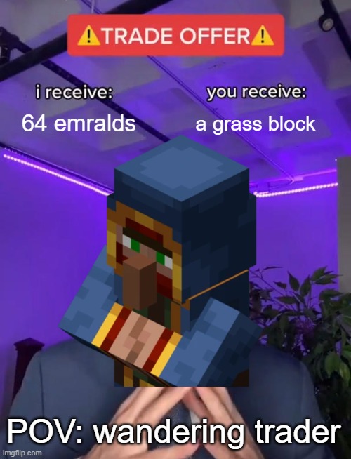 vilger | 64 emralds; a grass block; POV: wandering trader | image tagged in trade offer,funny memes | made w/ Imgflip meme maker