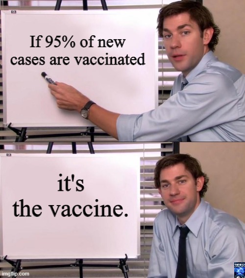 1 + 1 = 2 | If 95% of new cases are vaccinated; it's the vaccine. | image tagged in jim halpert explains | made w/ Imgflip meme maker
