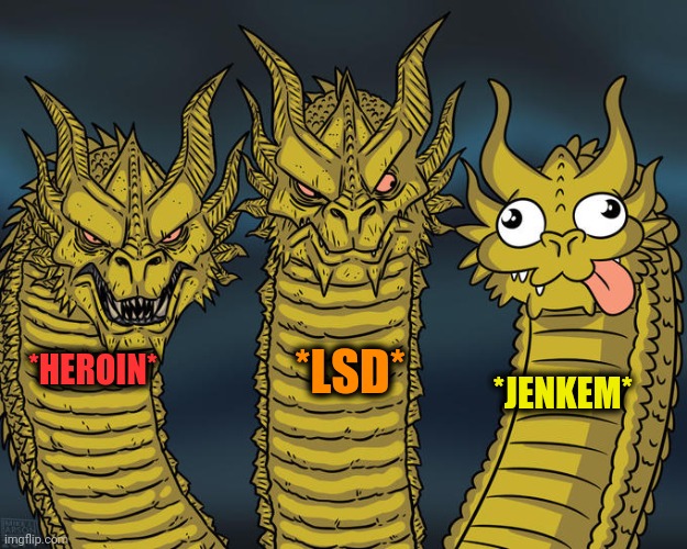 -Poopy supply. | *LSD*; *HEROIN*; *JENKEM* | image tagged in three-headed dragon,drugs are bad,heroin,lsd,addiction,change my mind | made w/ Imgflip meme maker