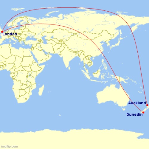 Most direct paths from London to these two cities in New Zealand | made w/ Imgflip meme maker