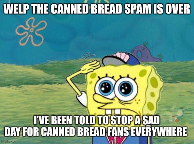 Wel | WELP THE CANNED BREAD SPAM IS OVER; I’VE BEEN TOLD TO STOP A SAD DAY FOR CANNED BREAD FANS EVERYWHERE | image tagged in spongebob salute | made w/ Imgflip meme maker