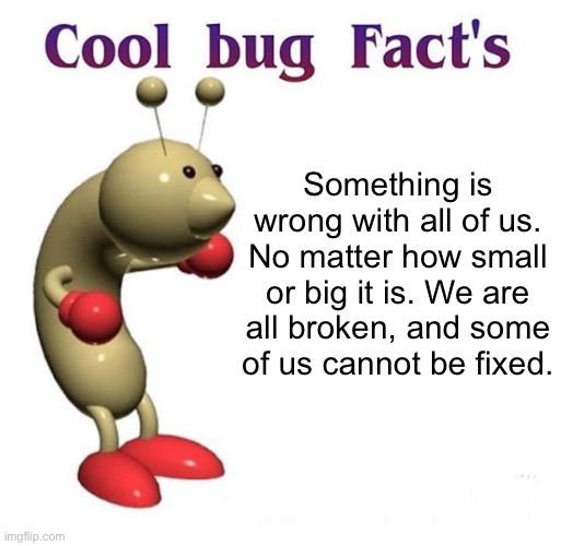 think about that for a while, okay? :) | Something is wrong with all of us. No matter how small or big it is. We are all broken, and some of us cannot be fixed. | image tagged in cool bug facts api | made w/ Imgflip meme maker
