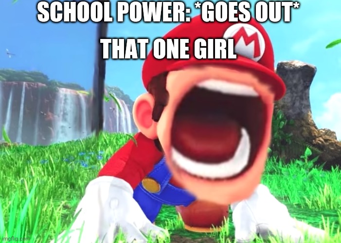 Mario screaming | SCHOOL POWER: *GOES OUT*; THAT ONE GIRL | image tagged in mario screaming | made w/ Imgflip meme maker