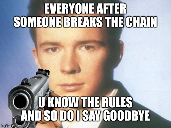 U know the rules | EVERYONE AFTER SOMEONE BREAKS THE CHAIN; U KNOW THE RULES AND SO DO I SAY GOODBYE | image tagged in you know the rules and so do i say goodbye | made w/ Imgflip meme maker