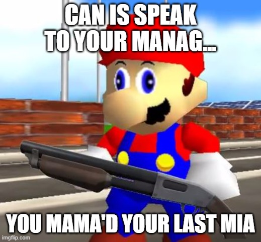 Mama mia | CAN IS SPEAK TO YOUR MANAG... YOU MAMA'D YOUR LAST MIA | image tagged in smg4 shotgun mario | made w/ Imgflip meme maker