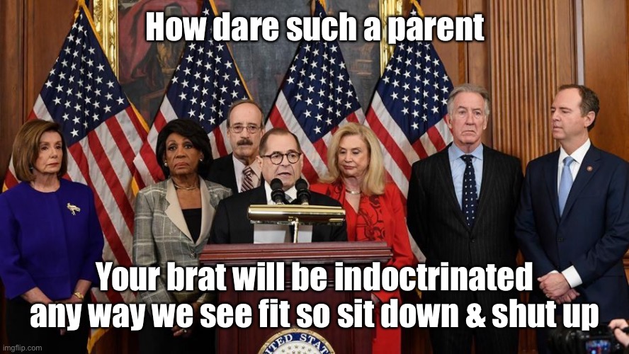 House Democrats | How dare such a parent Your brat will be indoctrinated any way we see fit so sit down & shut up | image tagged in house democrats | made w/ Imgflip meme maker
