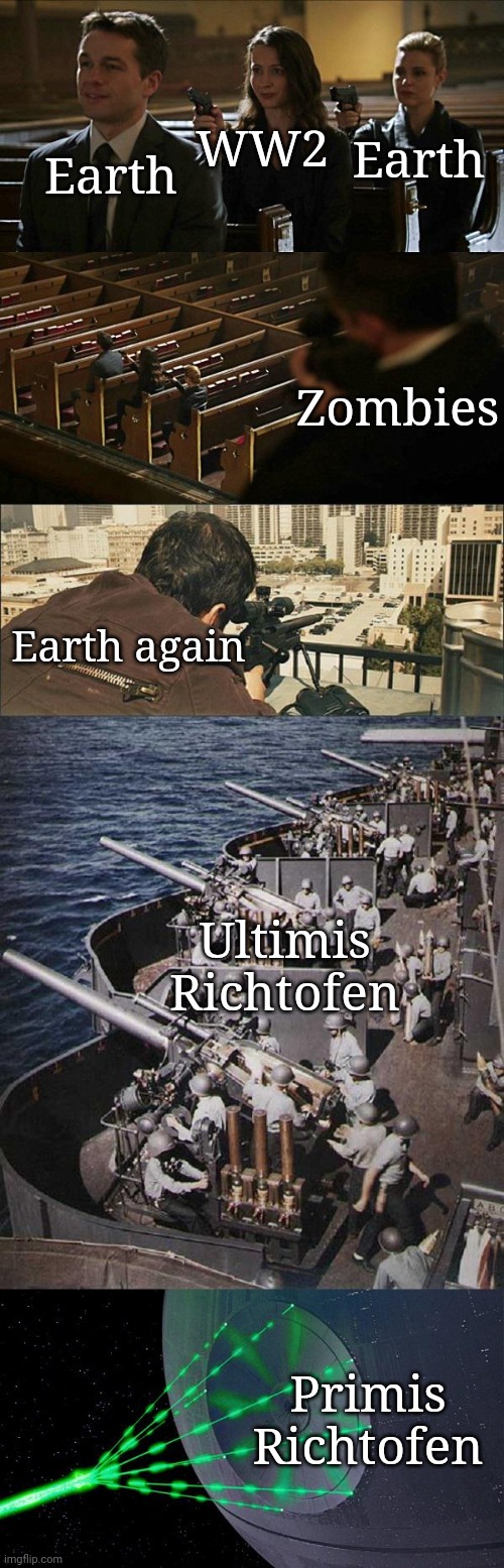 Assassination Chain Extended | WW2; Earth; Earth; Zombies; Earth again; Ultimis Richtofen; Primis Richtofen | image tagged in assassination chain extended | made w/ Imgflip meme maker