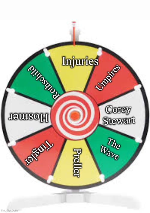 Spinning Wheel | Injuries; Umpires; Rothschild; Hosmer; Corey Stewart; The Wave; Tingler; Preller | image tagged in spinning wheel | made w/ Imgflip meme maker