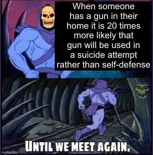 Until we meet again. | When someone has a gun in their home it is 20 times more likely that gun will be used in a suicide attempt rather than self-defense | image tagged in until we meet again | made w/ Imgflip meme maker