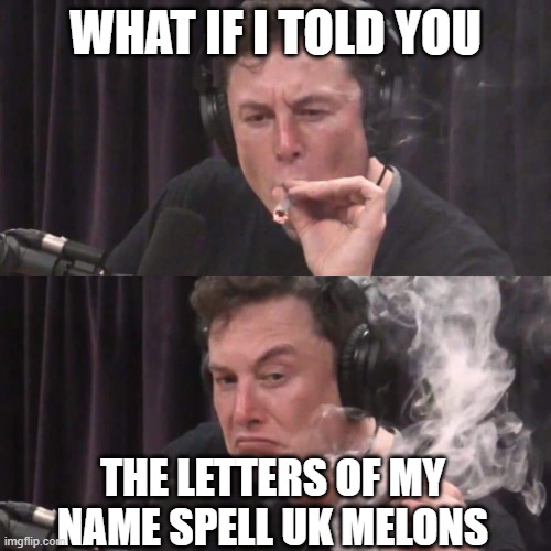 Melons From The UK Are Nice And Plump | WHAT IF I TOLD YOU; THE LETTERS OF MY NAME SPELL UK MELONS | image tagged in elon musk weed | made w/ Imgflip meme maker