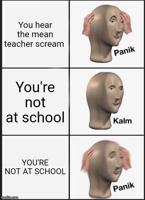 Panik Kalm Panik | You hear the mean teacher scream; You're not at school; YOU'RE NOT AT SCHOOL | image tagged in memes,panik kalm panik,school,funny | made w/ Imgflip meme maker