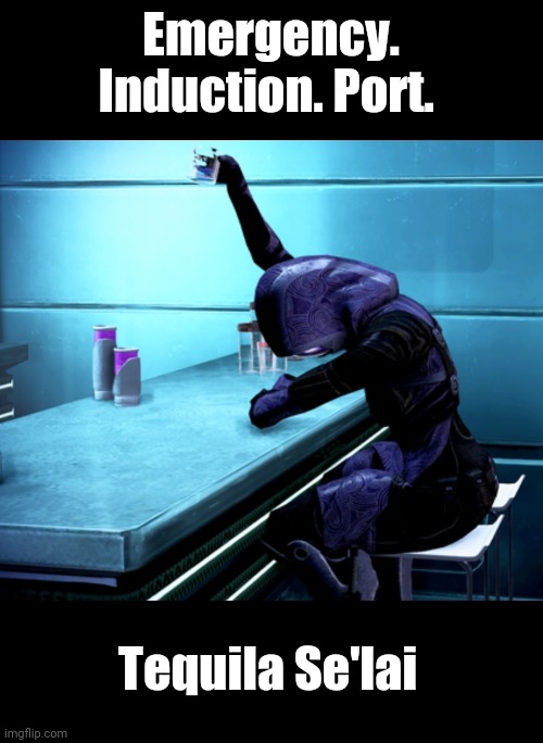 You mean, a straw? | Emergency. Induction. Port. Tequila Se'lai | image tagged in mass effect,fun | made w/ Imgflip meme maker