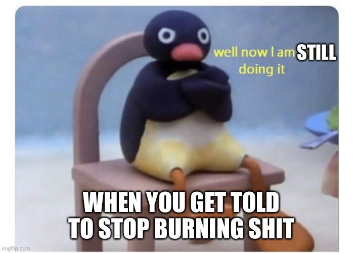 well now I am not doing it | STILL; WHEN YOU GET TOLD TO STOP BURNING SHIT | image tagged in well now i am not doing it | made w/ Imgflip meme maker