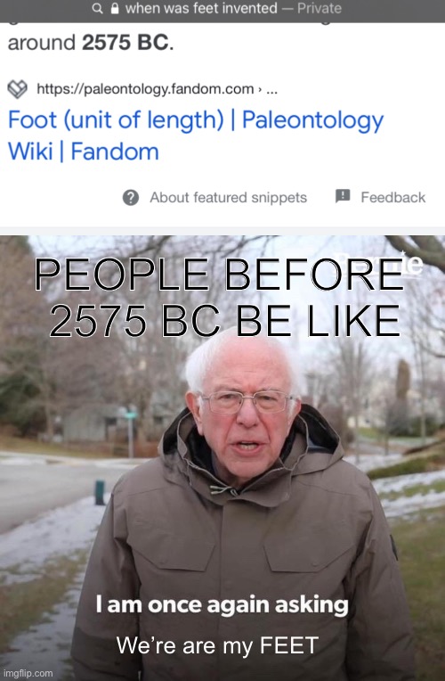 PEOPLE BEFORE  2575 BC BE LIKE; We’re are my FEET | image tagged in memes,bernie i am once again asking for your support | made w/ Imgflip meme maker