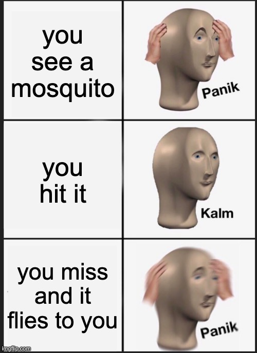 Panik Kalm Panik | you see a mosquito; you hit it; you miss and it flies to you | image tagged in memes,panik kalm panik | made w/ Imgflip meme maker