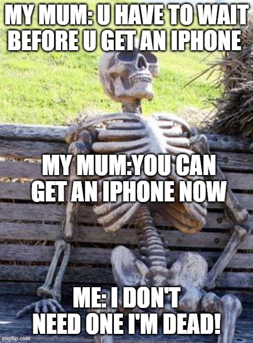 Mum... Too late | MY MUM: U HAVE TO WAIT BEFORE U GET AN IPHONE; MY MUM:YOU CAN GET AN IPHONE NOW; ME: I DON'T NEED ONE I'M DEAD! | image tagged in memes,waiting skeleton | made w/ Imgflip meme maker