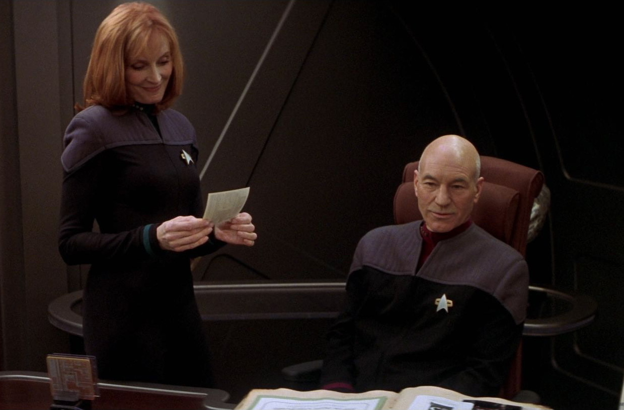 CRUSHER AND PICARD, CRUSHER READS NOTE Blank Meme Template