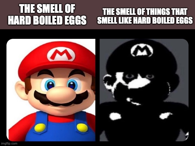 Mario V.S. Dark Mario | THE SMELL OF THINGS THAT SMELL LIKE HARD BOILED EGGS; THE SMELL OF HARD BOILED EGGS | image tagged in mario v s dark mario | made w/ Imgflip meme maker