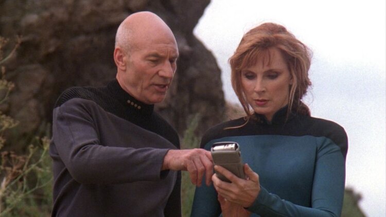 High Quality PICARD AND CRUSHER, LOOKING AT HANDHELD INSTRUMENT Blank Meme Template