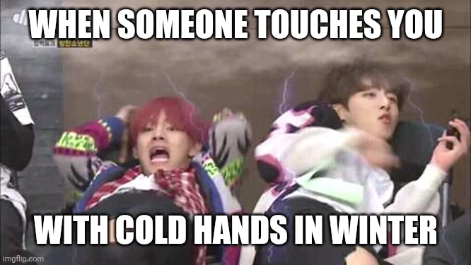 BTS MEMES | WHEN SOMEONE TOUCHES YOU; WITH COLD HANDS IN WINTER | image tagged in btswings2017 | made w/ Imgflip meme maker