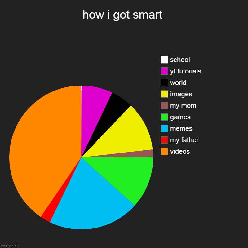 how i got smart | how i got smart | videos, my father, memes, games, my mom, images, world, yt tutorials, school | image tagged in charts,pie charts,smart | made w/ Imgflip chart maker